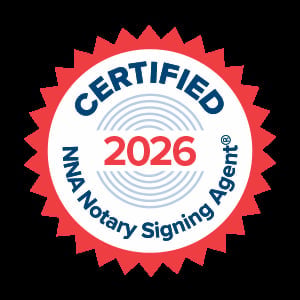 Red and white certification badge for NNA Notary Signing Agent 2026